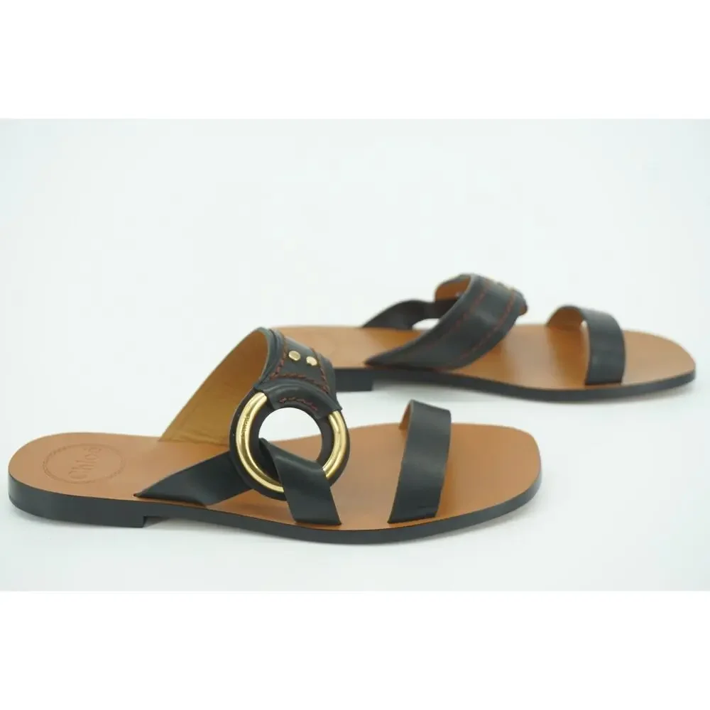 Chloe Demi Slide Buckle Glide Flat Sandals SZ 38 NIB New $670 Black Leather